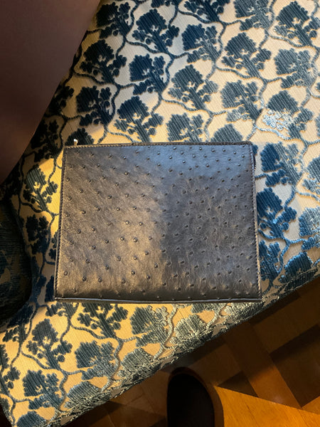 Navy Ostrich Crossbody with matching adjustable strap