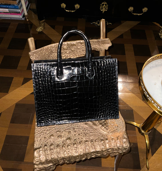 Black Glazed Medium Tote in croc